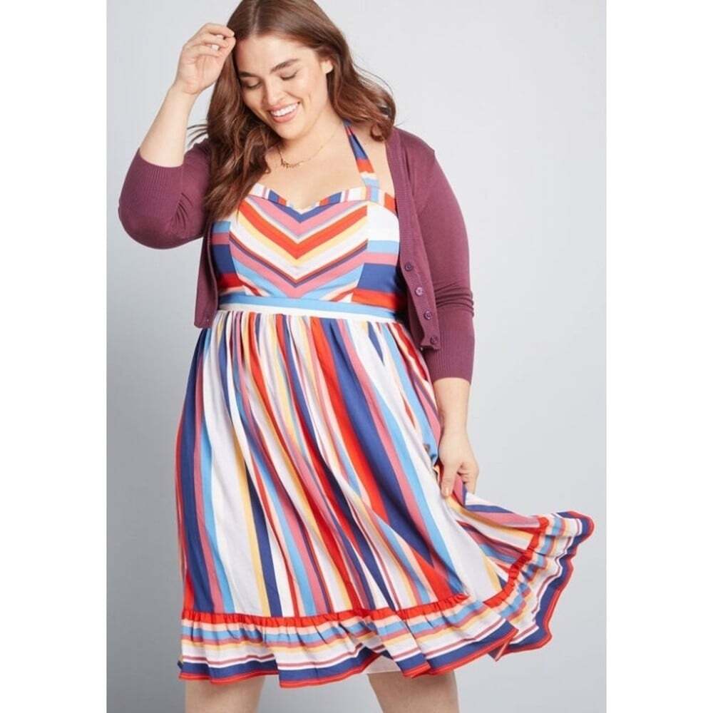 MODCLOTH Women Frequently Piquant Halter Striped Ruffle Dress Sz 1x Multicolor